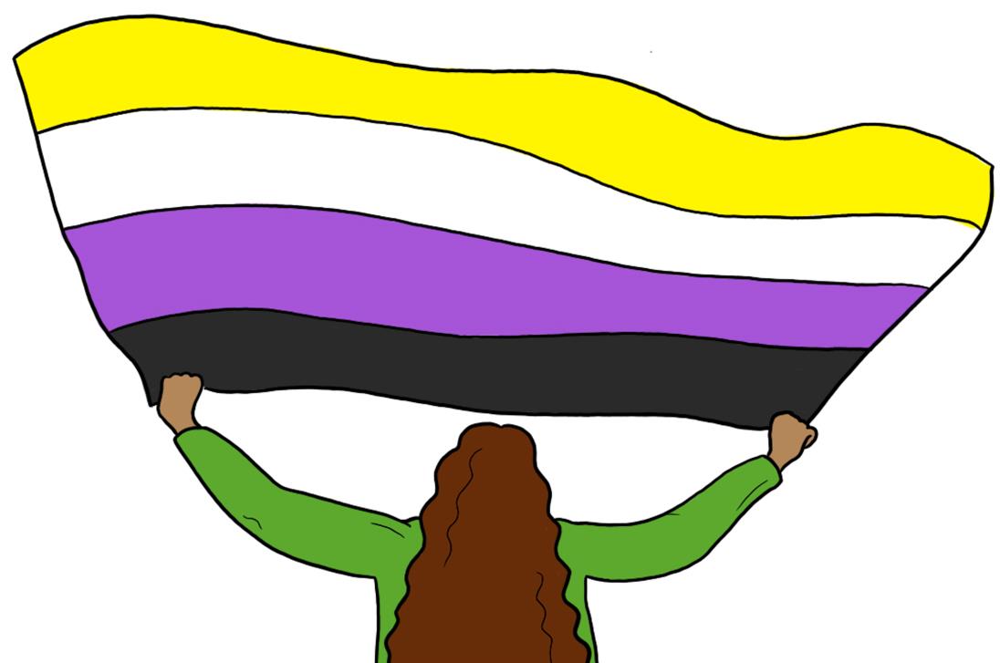 Es wird eine Person mit langen braunen Haaren dargestellt, welche eine Flagge hochhält. Die Flagge hat von oben nach unten die Farben gelb, weiß, lila, schwarz.